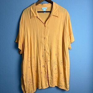 Avenue Linen Blend Button Down Top Eyelet Details Orange Short Sleeve Plus 30/32